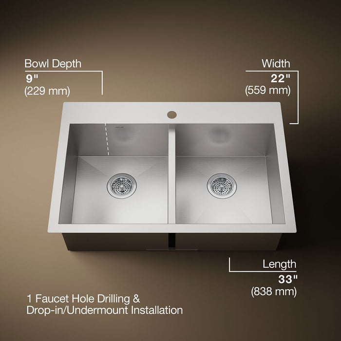 KOHLER K-3820-1 Vault 33" top-/undermount double-bowl kitchen sink, stainless steel - view 5