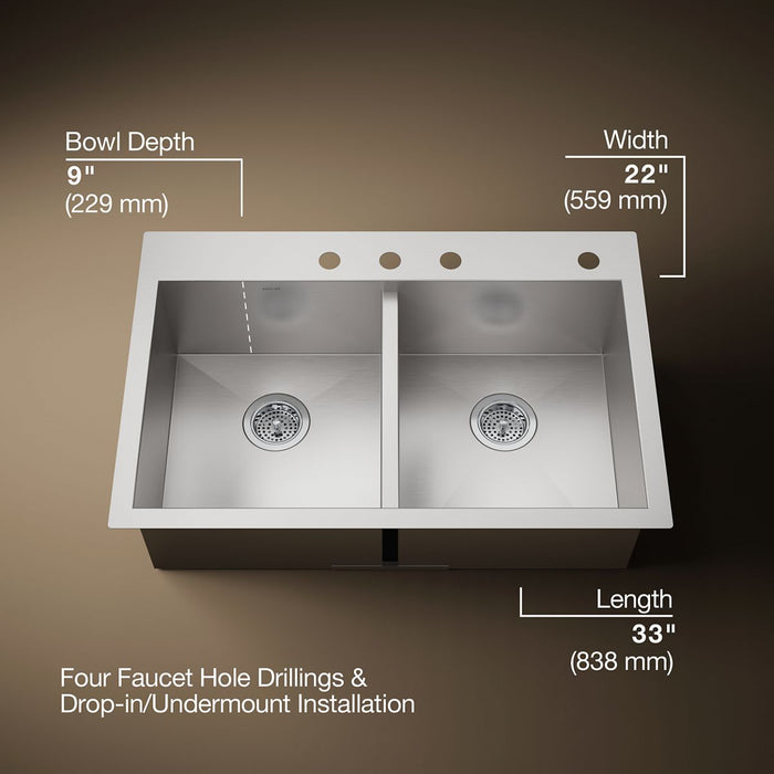 KOHLER K-3820-4 Vault 33" top-/undermount double-bowl kitchen sink, stainless steel - view 5