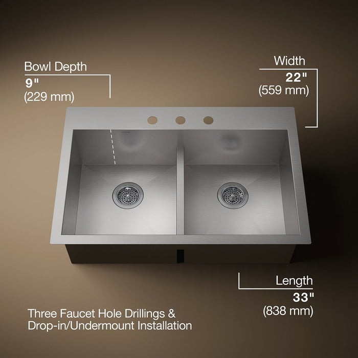 KOHLER K-3838-3 Vault Smart Divide 33" top-/undermount double-bowl kitchen sink, stainless steel - view 5