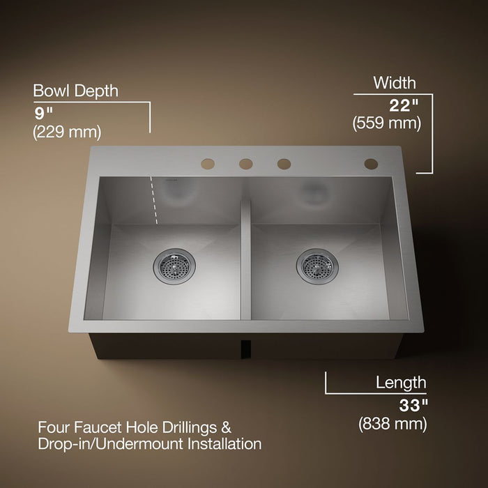KOHLER K-3838-4 Vault Smart Divide 33" top-/undermount double-bowl kitchen sink, stainless steel - view 5