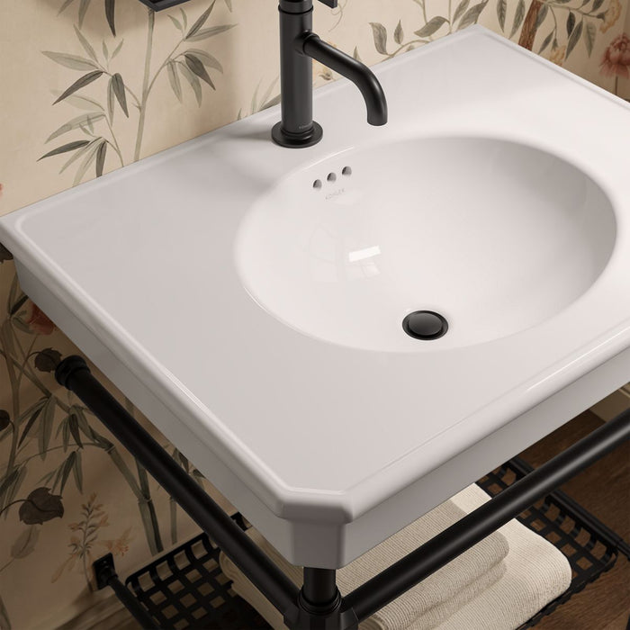 KOHLER K-39304-1 Claude 30" Rectangular Console Table Bathroom Sink, White with Black - Shows close up detail of product in r