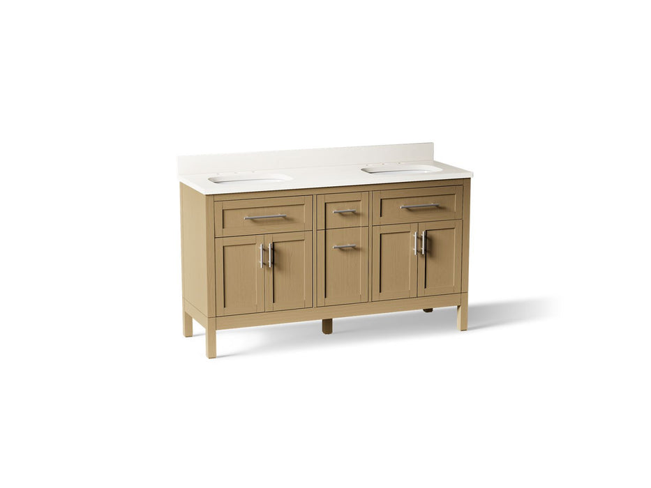 KOHLER K-39607-ASB Hadron 60" bathroom vanity cabinet with sinks and quartz top, light oak