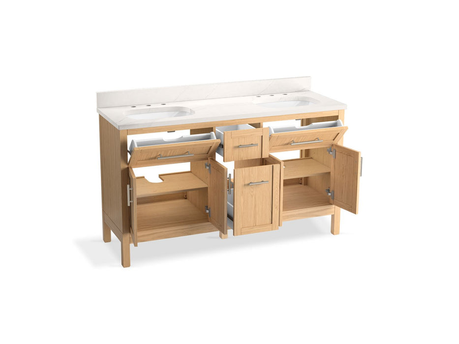 KOHLER K-39607-ASB Hadron 60" bathroom vanity cabinet with sinks and quartz top, light oak - view 2