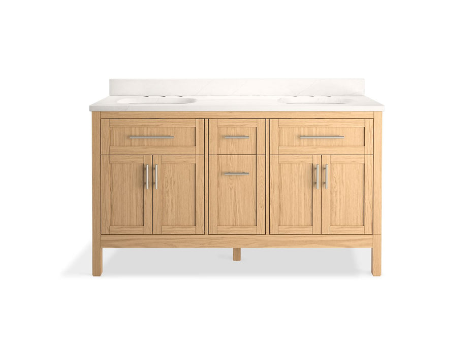 KOHLER K-39607-ASB Hadron 60" bathroom vanity cabinet with sinks and quartz top, light oak - view 5
