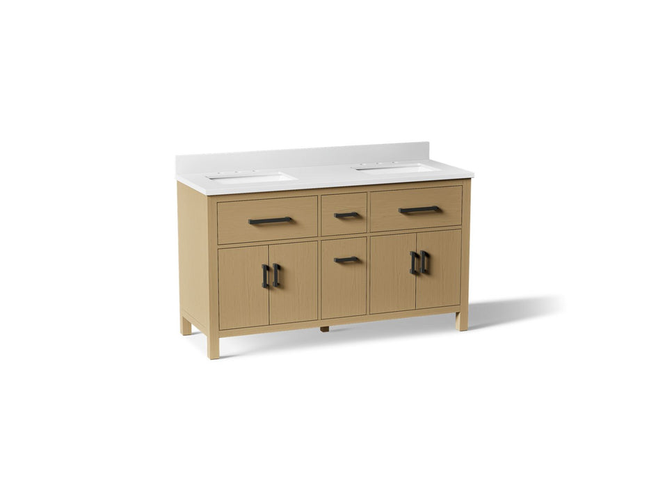 KOHLER K-40641-BD1 Kresla 60" bathroom vanity cabinet with sinks and quartz top, light oak