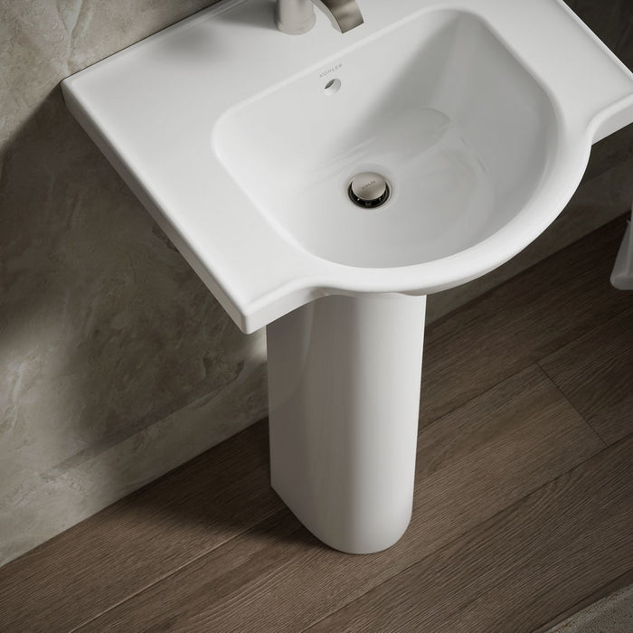 KOHLER K-5265-1 Veer 21" Rectangular Pedestal Bathroom Sink, White - Shows close up detail of product in room