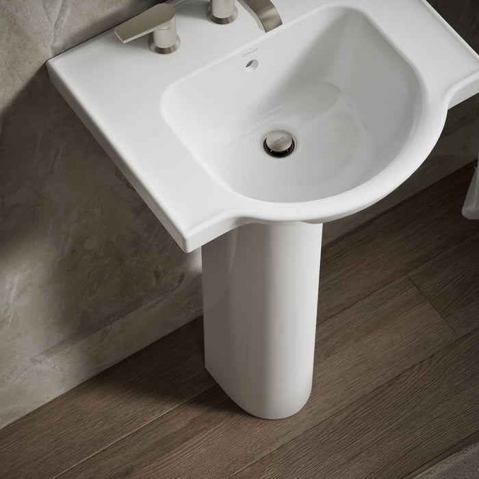 KOHLER K-5265-8 Veer 21" Rectangular Pedestal Bathroom Sink, White - Shows close up detail of product in room