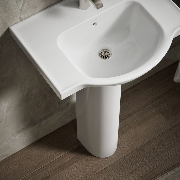 KOHLER K-5266-1 Veer 24" Rectangular Pedestal Bathroom Sink, White - Shows close up detail of product in room