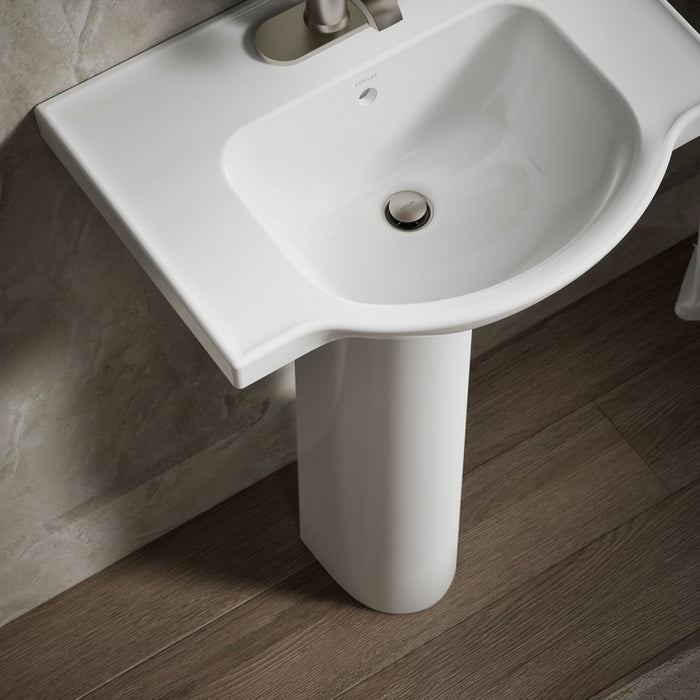KOHLER K-5266-4 Veer 24" Rectangular Pedestal Bathroom Sink, White - Shows close up detail of product in room