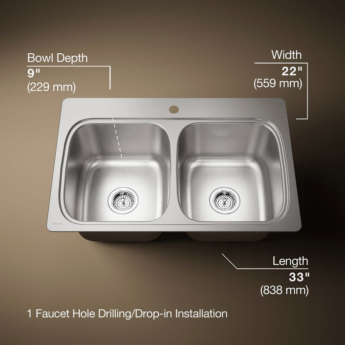 KOHLER K-5267-1 Verse 33" top-mount double-bowl kitchen sink, stainless steel - view 5