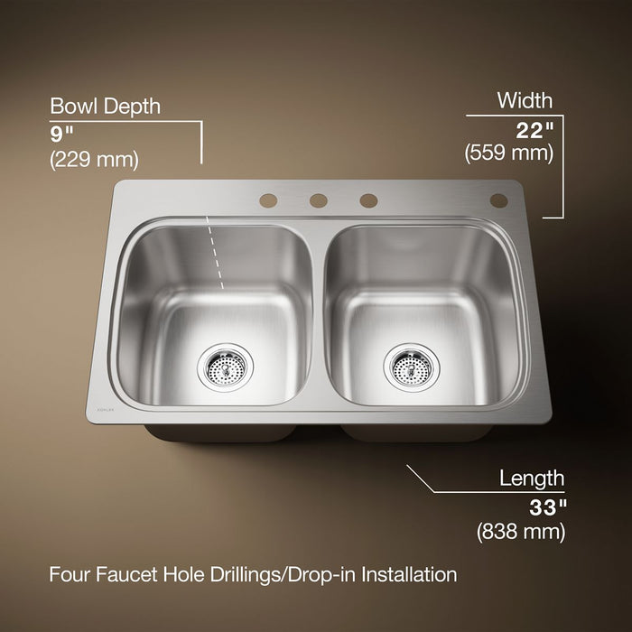 KOHLER K-5267-4 Verse 33" top-mount double-bowl kitchen sink, stainless steel - view 5