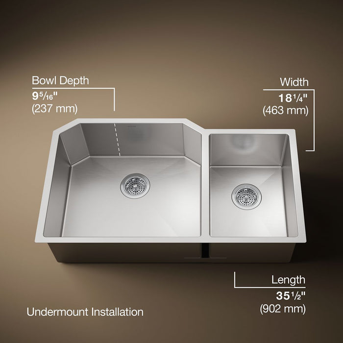 KOHLER K-5282 Strive 35-1/2" undermount double-bowl kitchen sink, stainless steel - view 3