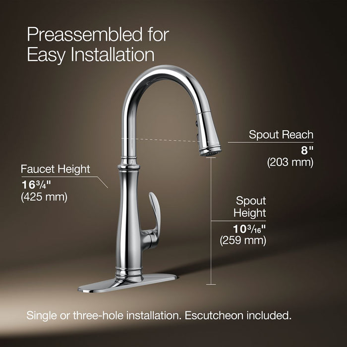 KOHLER K-560 Bellera Pull-down kitchen sink faucet with three-function sprayhead, polished chrome - view 5