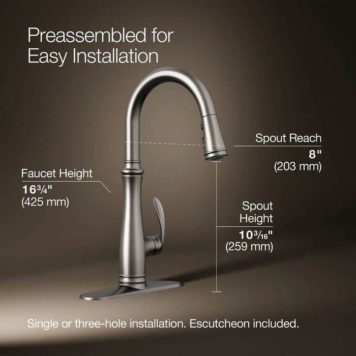 KOHLER K-560 Bellera Pull-down kitchen sink faucet with three-function sprayhead, vibrant stainless - view 5