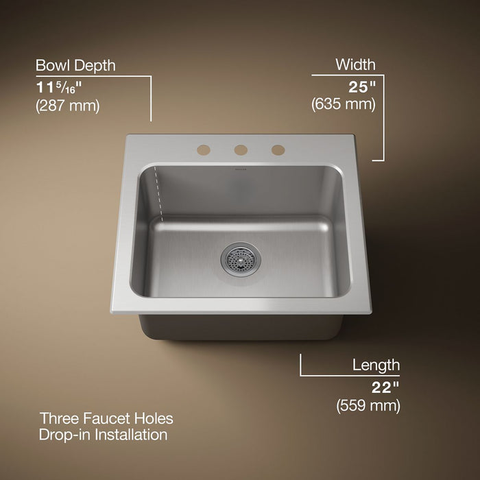 KOHLER K-5798-3 Ballad 25" top-mount single-bowl utility sink, stainless steel - view 5