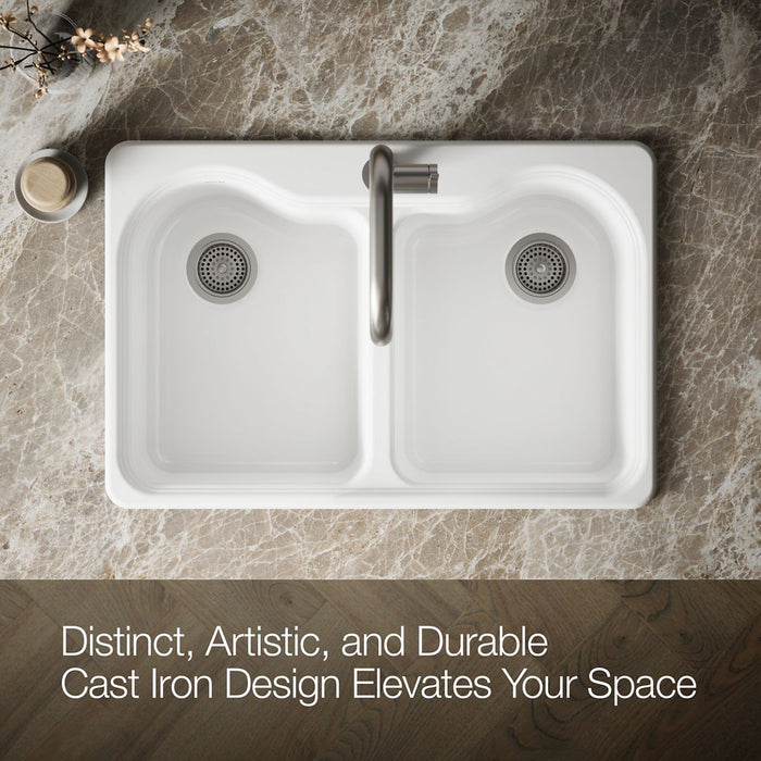 KOHLER K-5818-1 Hartland 33" Top-mount Double-bowl Kitchen Sink, white - view 3