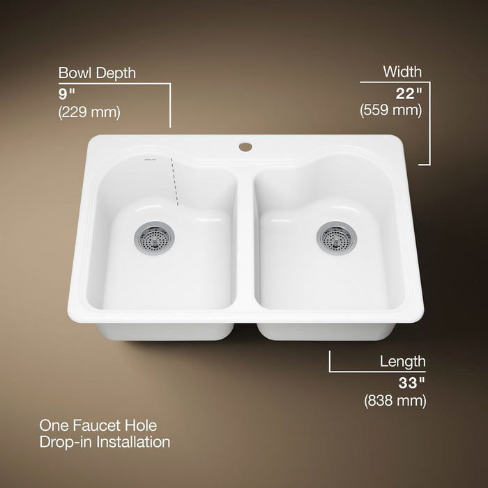 KOHLER K-5818-1 Hartland 33" Top-mount Double-bowl Kitchen Sink, white - view 5