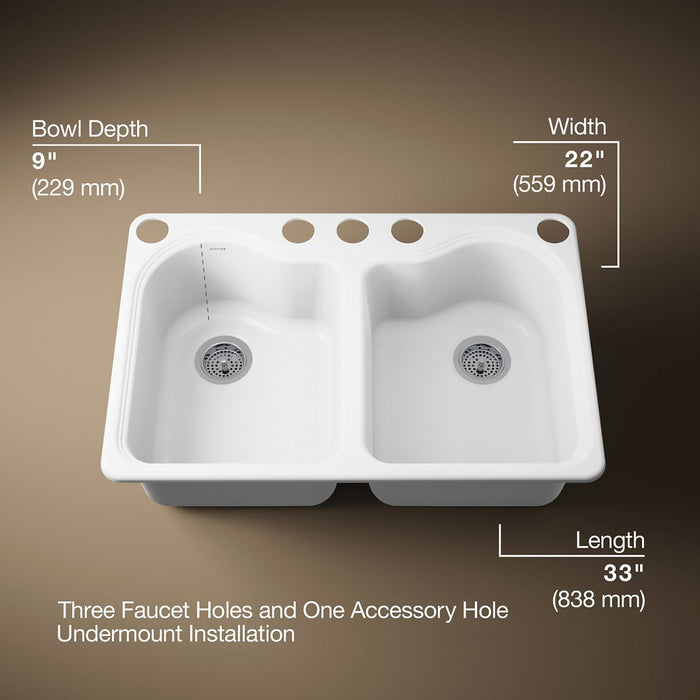 KOHLER K-5818-5U Hartland 33" undermount double-bowl kitchen sink, white - view 5