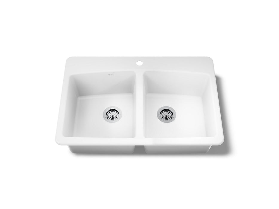 KOHLER K-5846-1 Brookfield 33" top-mount double-bowl kitchen sink, white