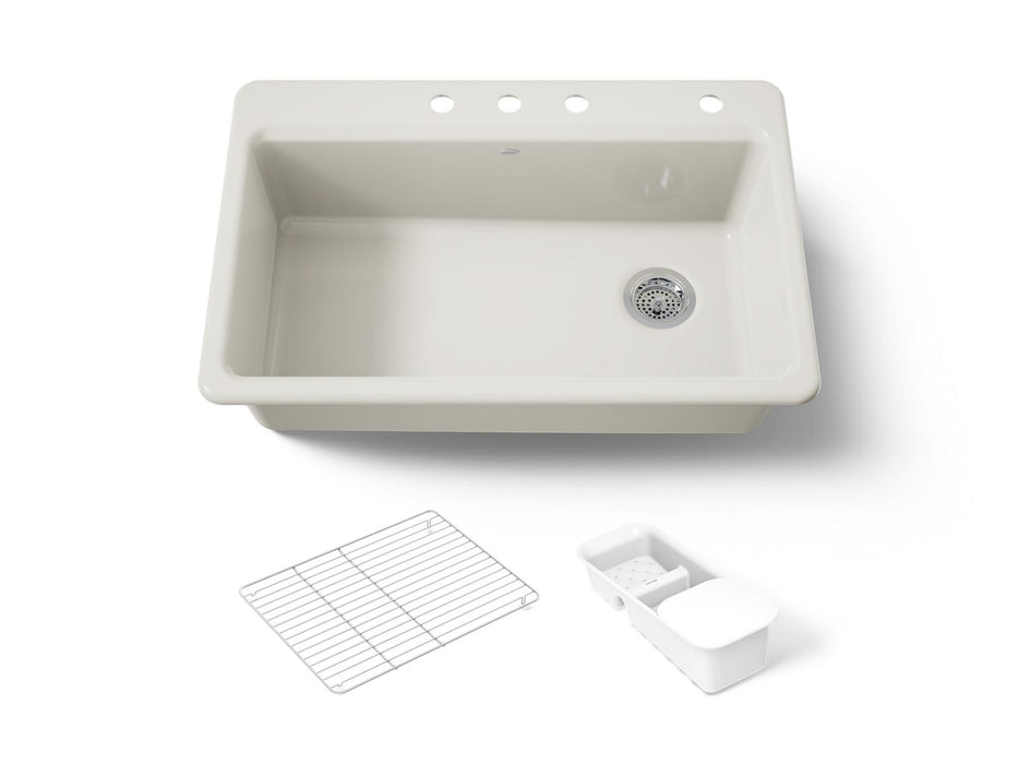 KOHLER K-5871-4A2 Riverby 33" top-mount single-bowl workstation kitchen sink, biscuit