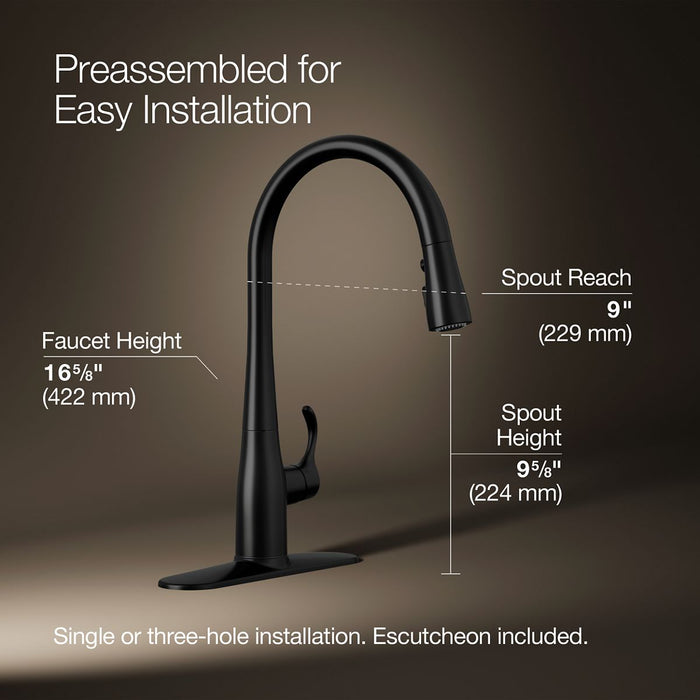 KOHLER K-596 Simplice Pull-down kitchen sink faucet with three-function sprayhead, matte black - view 4