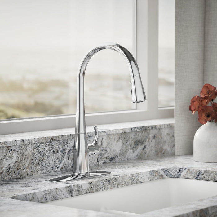 KOHLER K-596 Simplice Pull-down kitchen sink faucet with three-function sprayhead, polished chrome - view 3