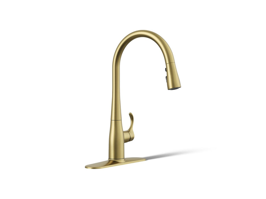 KOHLER K-596 Simplice Pull-down kitchen sink faucet with three-function sprayhead, vibrant brushed moderne brass