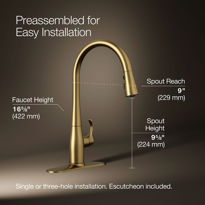 KOHLER K-596 Simplice Pull-down kitchen sink faucet with three-function sprayhead, vibrant brushed moderne brass - view 4