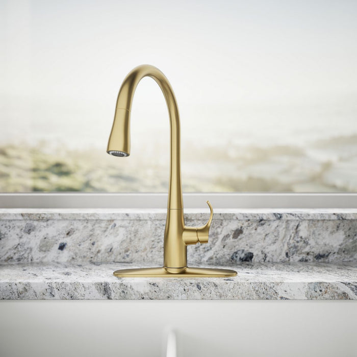 KOHLER K-596 Simplice Pull-down kitchen sink faucet with three-function sprayhead, vibrant brushed moderne brass - view 5