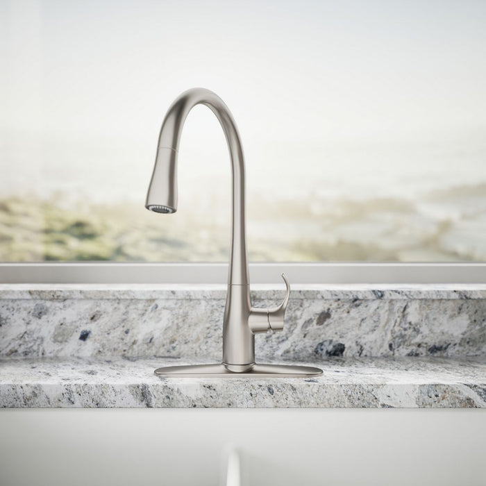 KOHLER K-596 Simplice Pull-down kitchen sink faucet with three-function sprayhead, vibrant stainless - view 4