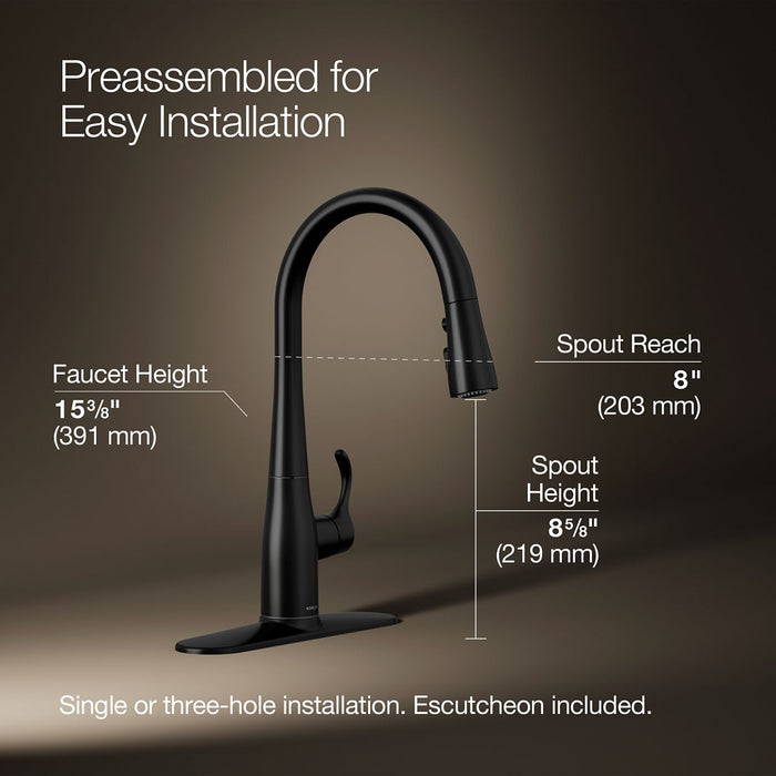 KOHLER K-597 Simplice Compact pull-down kitchen sink faucet with three-function sprayhead, matte black - view 5
