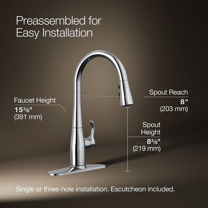 KOHLER K-597 Simplice Compact pull-down kitchen sink faucet with three-function sprayhead, polished chrome - view 5