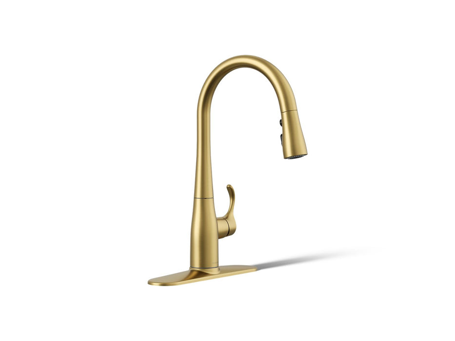 KOHLER K-597 Simplice Compact pull-down kitchen sink faucet with three-function sprayhead, vibrant brushed moderne brass