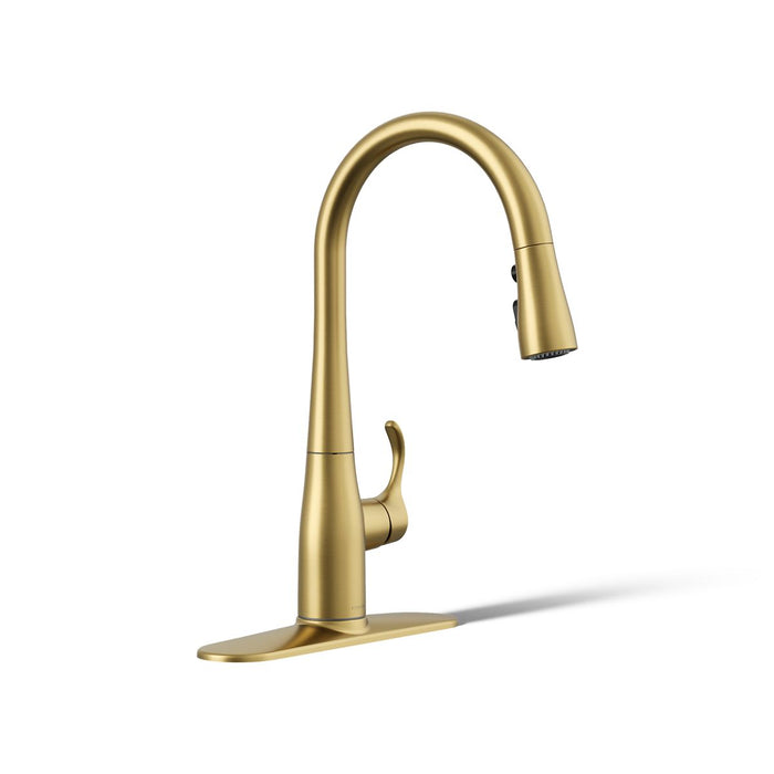KOHLER K-597 Simplice Compact pull-down kitchen sink faucet with three-function sprayhead, vibrant brushed moderne brass...