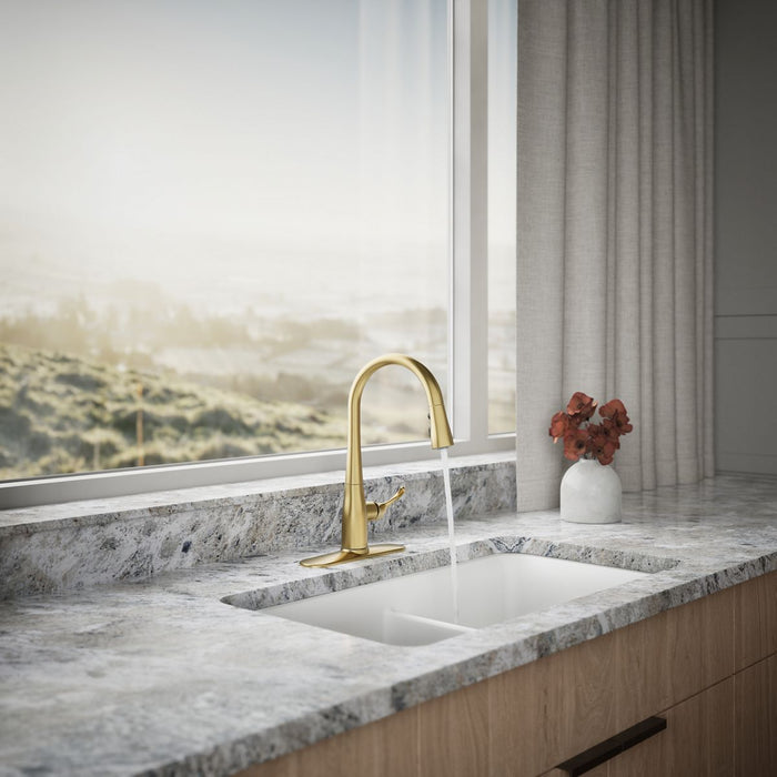 KOHLER K-597 Simplice Compact pull-down kitchen sink faucet with three-function sprayhead, vibrant brushed moderne brass...