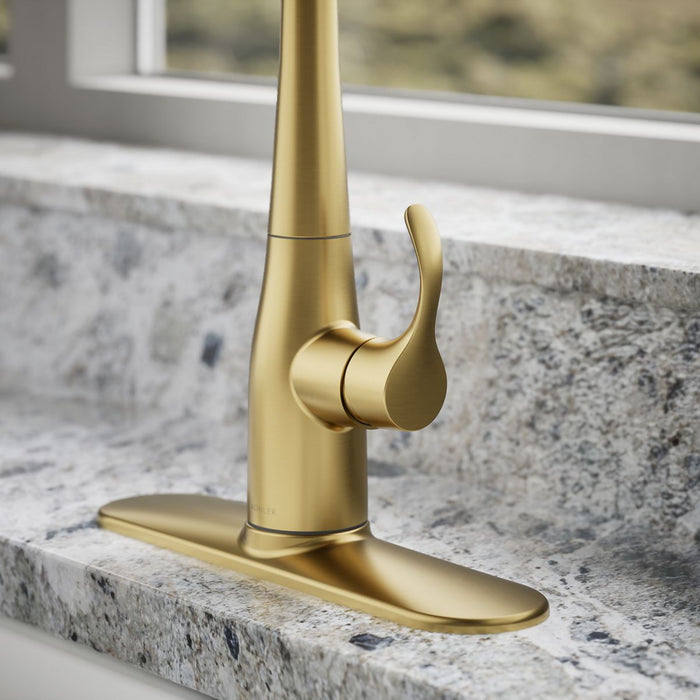 KOHLER K-597 Simplice Compact pull-down kitchen sink faucet with three-function sprayhead, vibrant brushed moderne brass...