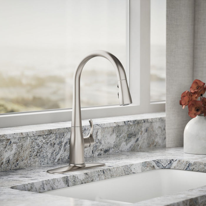 KOHLER K-597 Simplice Compact pull-down kitchen sink faucet with three-function sprayhead, vibrant stainless - view 3