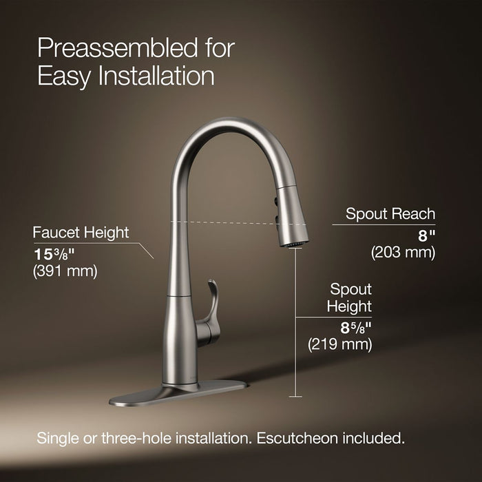 KOHLER K-597 Simplice Compact pull-down kitchen sink faucet with three-function sprayhead, vibrant stainless - view 5
