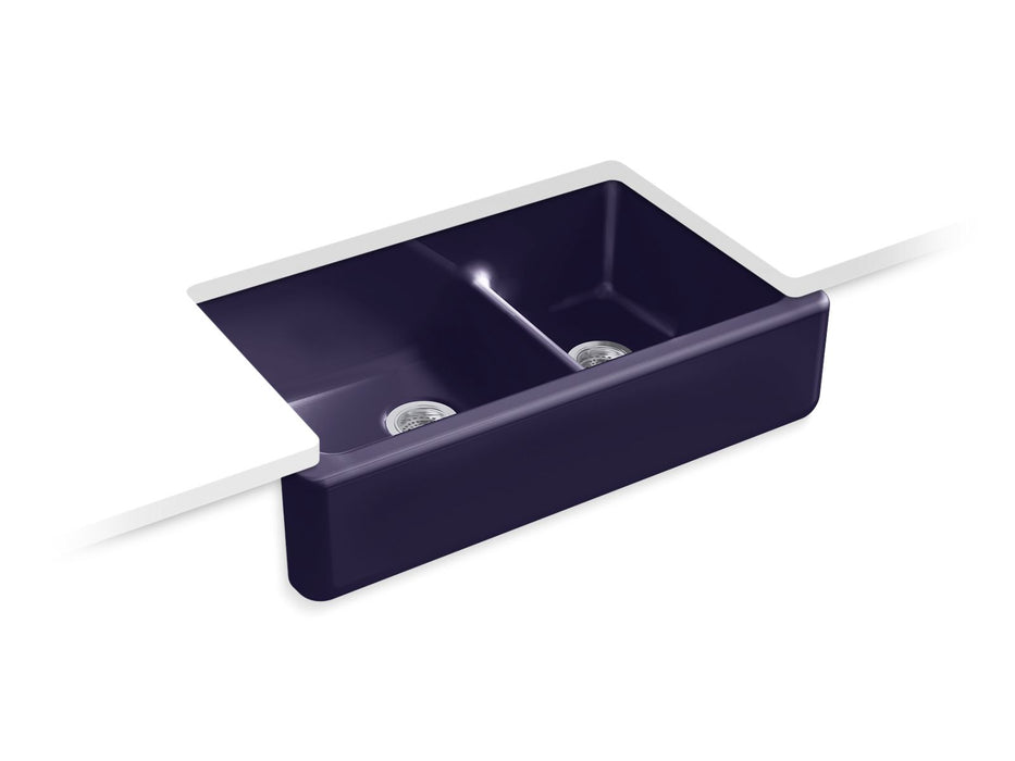 KOHLER K-6427 Whitehaven Smart Divide 35-3/4" undermount double-bowl farmhouse kitchen sink, indigo blue