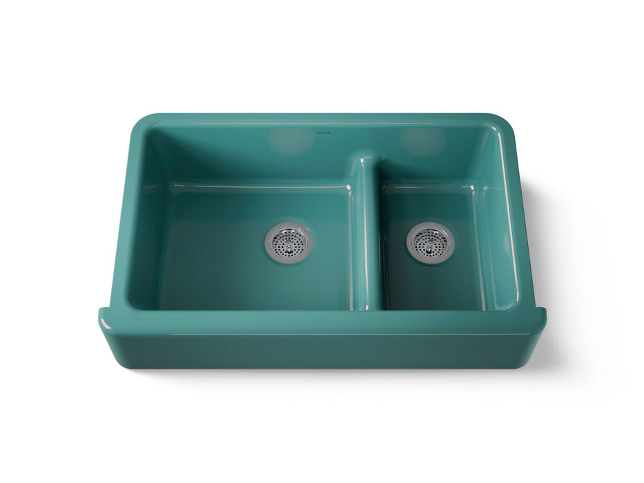 KOHLER K-6427 Whitehaven Smart Divide 35-3/4" undermount double-bowl farmhouse kitchen sink, teal
