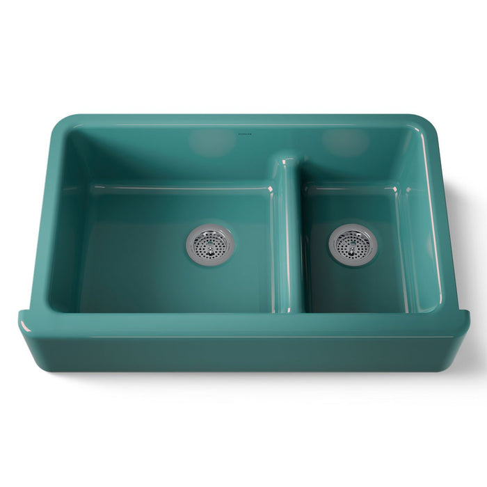 KOHLER K-6427 Whitehaven Smart Divide 35-3/4" undermount double-bowl farmhouse kitchen sink, teal - view 5