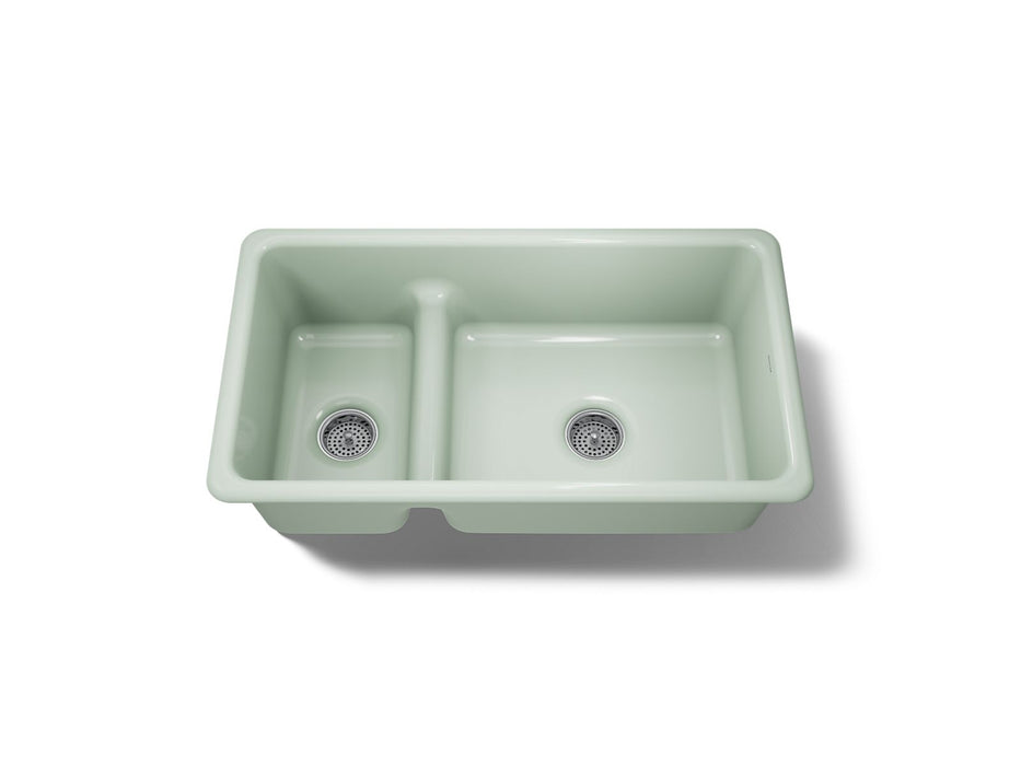 KOHLER K-6625 Iron/Tones Smart Divide 33" top-/undermount double-bowl kitchen sink, aspen green