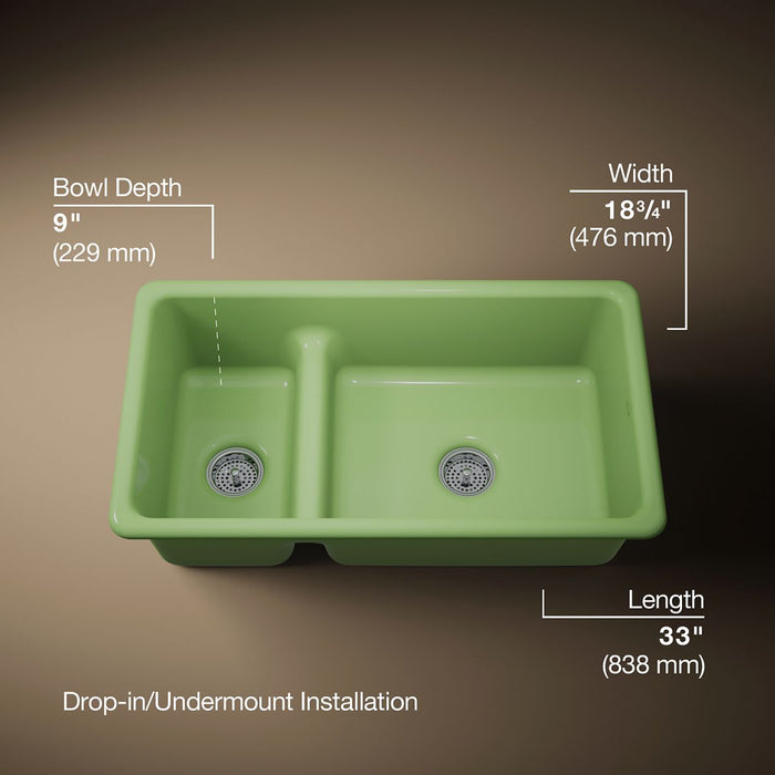 KOHLER K-6625 Iron/Tones Smart Divide 33" top-/undermount double-bowl kitchen sink, fresh green - view 5