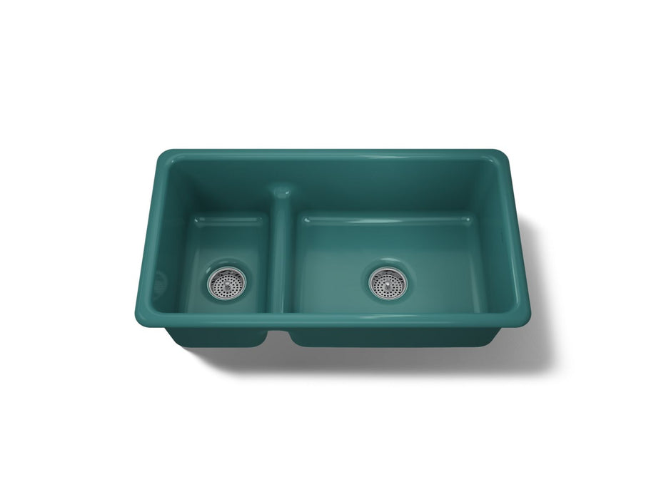 KOHLER K-6625 Iron/Tones Smart Divide 33" top-/undermount double-bowl kitchen sink, teal