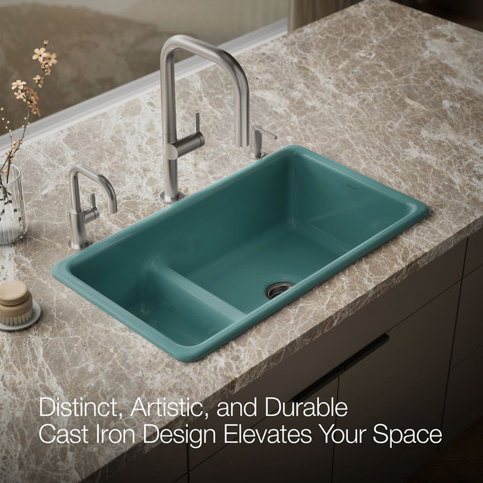 KOHLER K-6625 Iron/Tones Smart Divide 33" top-/undermount double-bowl kitchen sink, teal - view 3