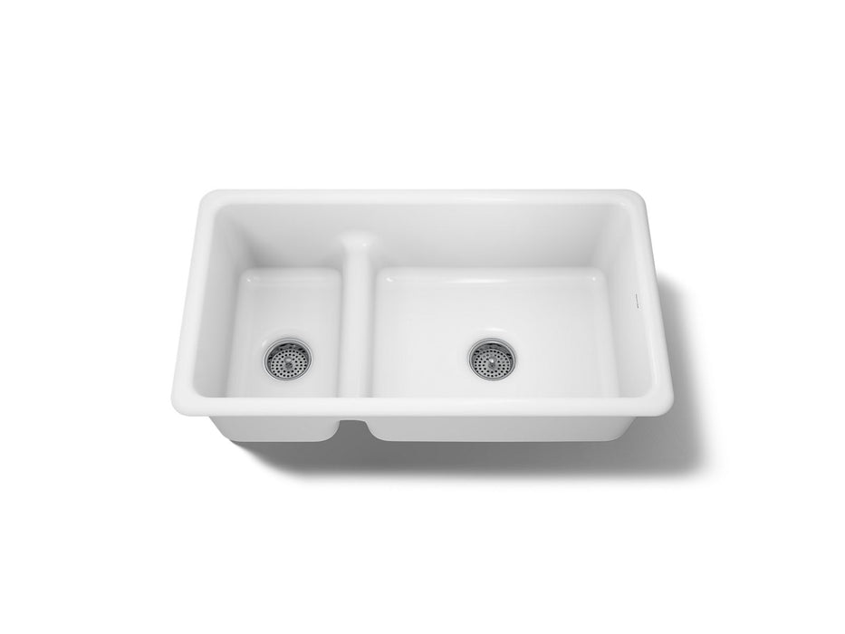 KOHLER K-6625 Iron/Tones Smart Divide 33" top-/undermount double-bowl kitchen sink, white