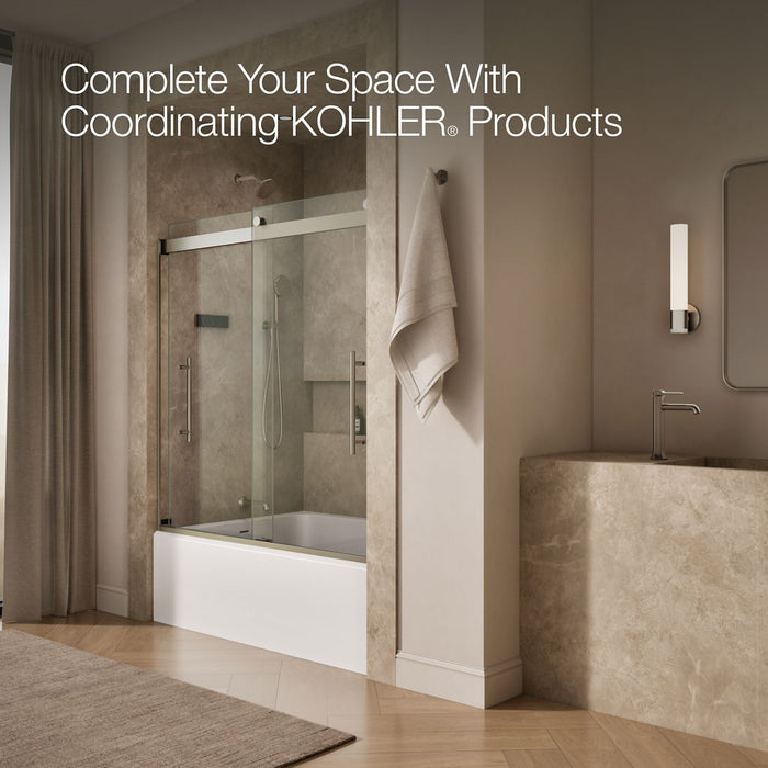 KOHLER K-702419-L Levity Plus Frameless sliding bath door, 61-9/16" H x 56-5/8 - 59-5/8" W, with 5/16"-thick Crystal...