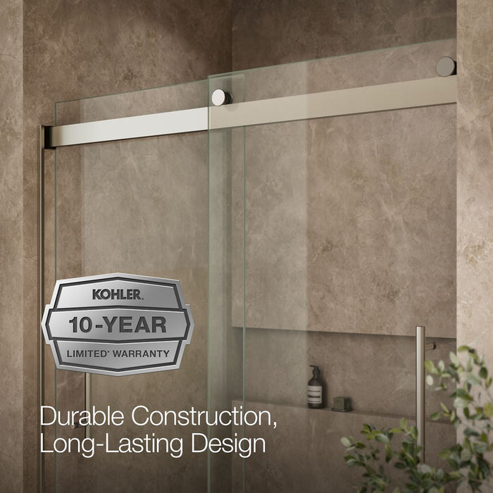 KOHLER K-702419-L Levity Plus Frameless sliding bath door, 61-9/16" H x 56-5/8 - 59-5/8" W, with 5/16"-thick Crystal...