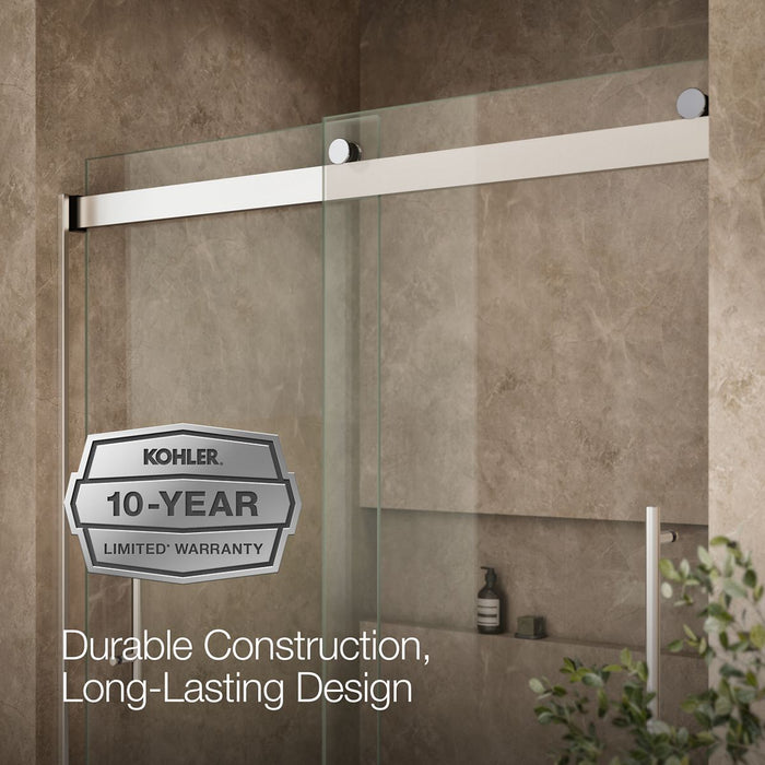 KOHLER K-702425-L Levity Plus Frameless sliding bath door, 61-9/16" H x 56-5/8 - 59-5/8" W, with 3/8"-thick Crystal Clear...