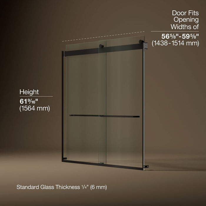 KOHLER K-706004-L Levity Sliding bath door, 62" H x 56-5/8 - 59-5/8" W, with 1/4" thick Crystal Clear glass, anodized...